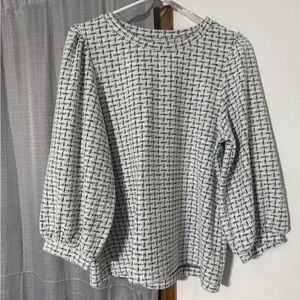 Anne Klein Black & White Textured Puff-Sleeve Long Sleeve Top